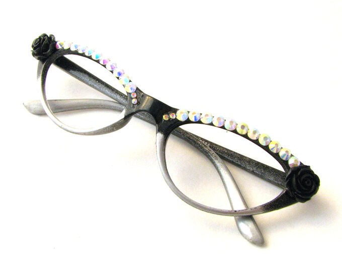 Black & Silver Rhinestone Roses Cat Eye Frames Novelty Librarian Chic