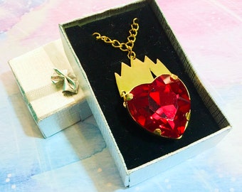 Queen Of Hearts Red Heart Crystal Necklace - Large Dark Crimson Red Heart Shaped Pendant - Large Swarovski Crystal & Handcrafted Brass Crown
