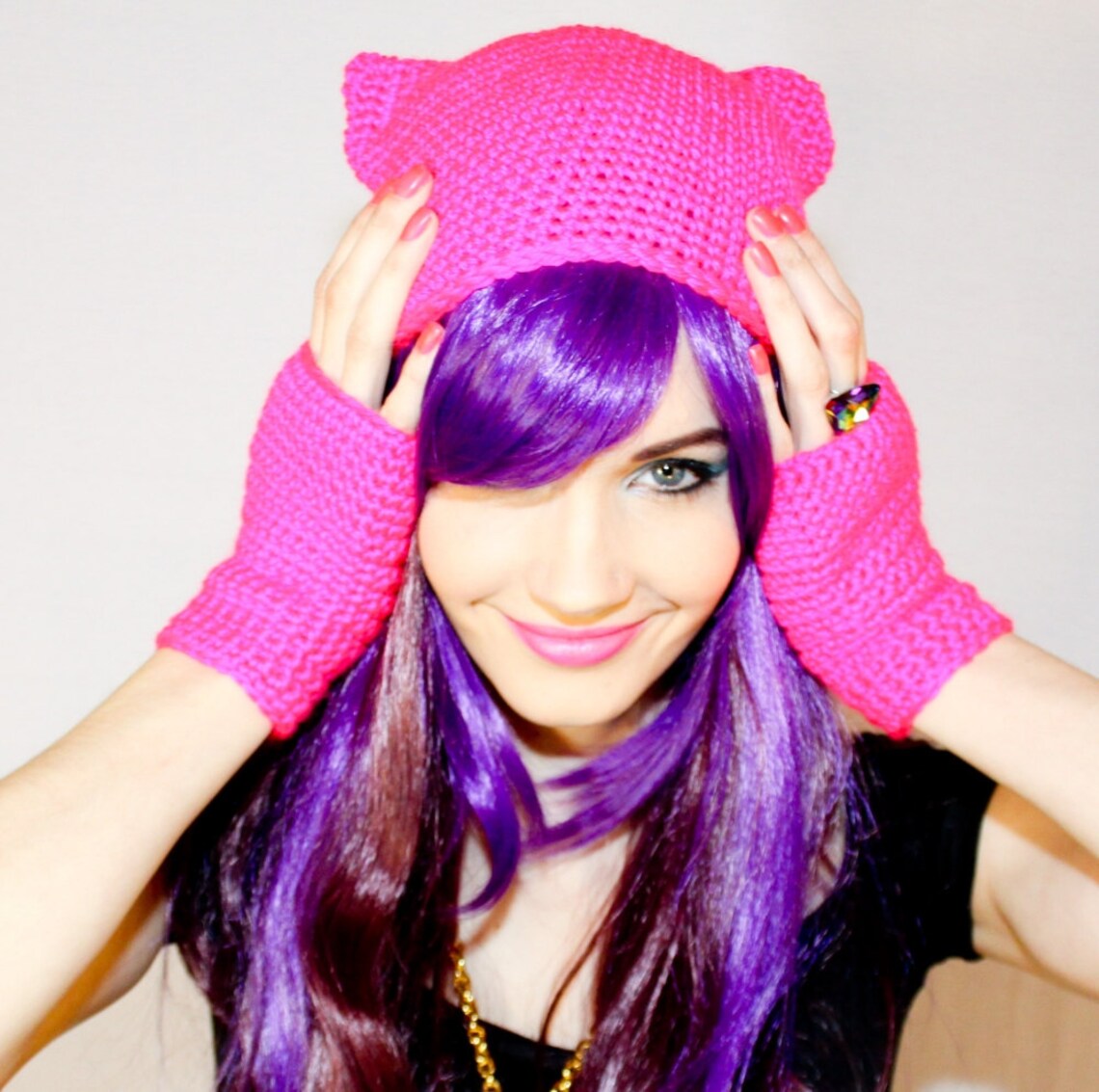 Bright Fuchsia Pink Kitty Ear Beanie Crocheted Cat Ear Hat Etsy