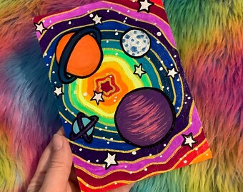 Glossy Art Print 4"x6" of Neon Rainbow Planetary Psychedelic Space Acrylic Painting - Super Bright Astronomy Cartoon Wall Art, Dorm, Office
