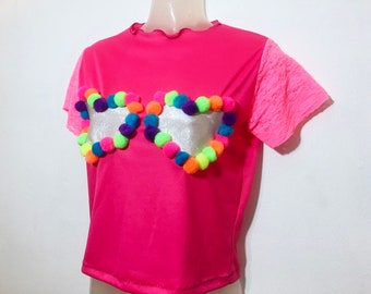 Pink Heart Pompom Crop Top - One Of A Kind - Size Small - Heart Pasties w/ Holographic Print Fabric, Floral Lace & Rainbow Pom Poms