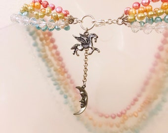 Rainbow Freshwater Pearl & Crystal Choker Necklace w/ Pegasus And Crescent Moon Charms - Pink, Orange, Yellow, Blue, Green Pearls, Mystical