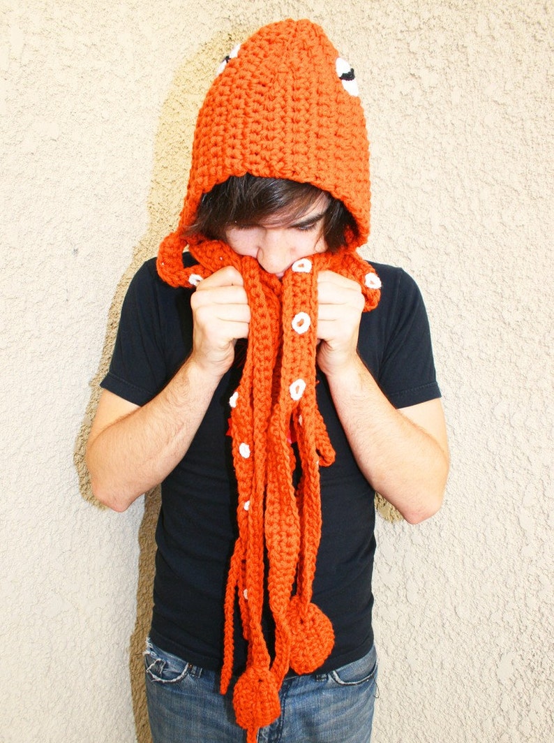 Kraken Of The Sea Scoofie Mythological Creature Hooded Scarf Couture Handmade To Order, Octopus Cephalopod Hat, Crocheted Yarn Art image 4