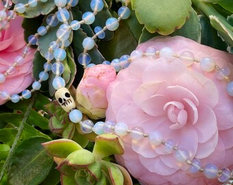 Opalite & Carved Bone Skull Beaded Necklace - 30" Long - One Of A Kind, Handmade, Long Boho Hippie Goth Fashion, Music Festival Jewelry