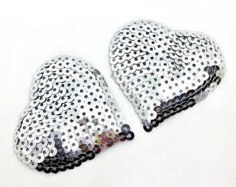 Silver Sequined Heart Shaped Pasties - Sparkly Burlesque Raver Rave Nipple Covers, Reuseable, Glittery, Disco Ball, Party Costume Pin Up