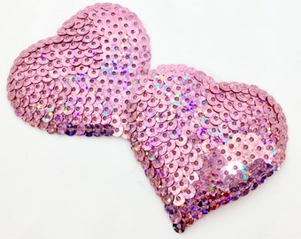 Pink Sequined Heart Shaped Pasties - Pin Up, Burlesque, Raver Outfit - Sparkly Shiny Halloween Costume Accessories - Pastel Rose Pink