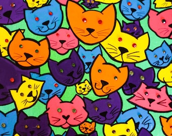 Glossy Art Print 4"x6" of Neon Rainbow Cat Faces! - Brightly Colored Kitty Heads Floating On A Lime Green Background, Cat Lady Trippy Chic