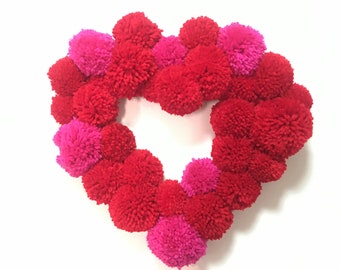 13” x 13” red and pink pompom heart shaped wreath garland - Valentine’s Day themed door hanging decoration, one of a kind home decor gift