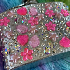 Silver and hot pink, pastel pink, silver, and aurora borealis rainbow femme flask Heart, moon, skull, flower rhinestone sparkly flask image 3