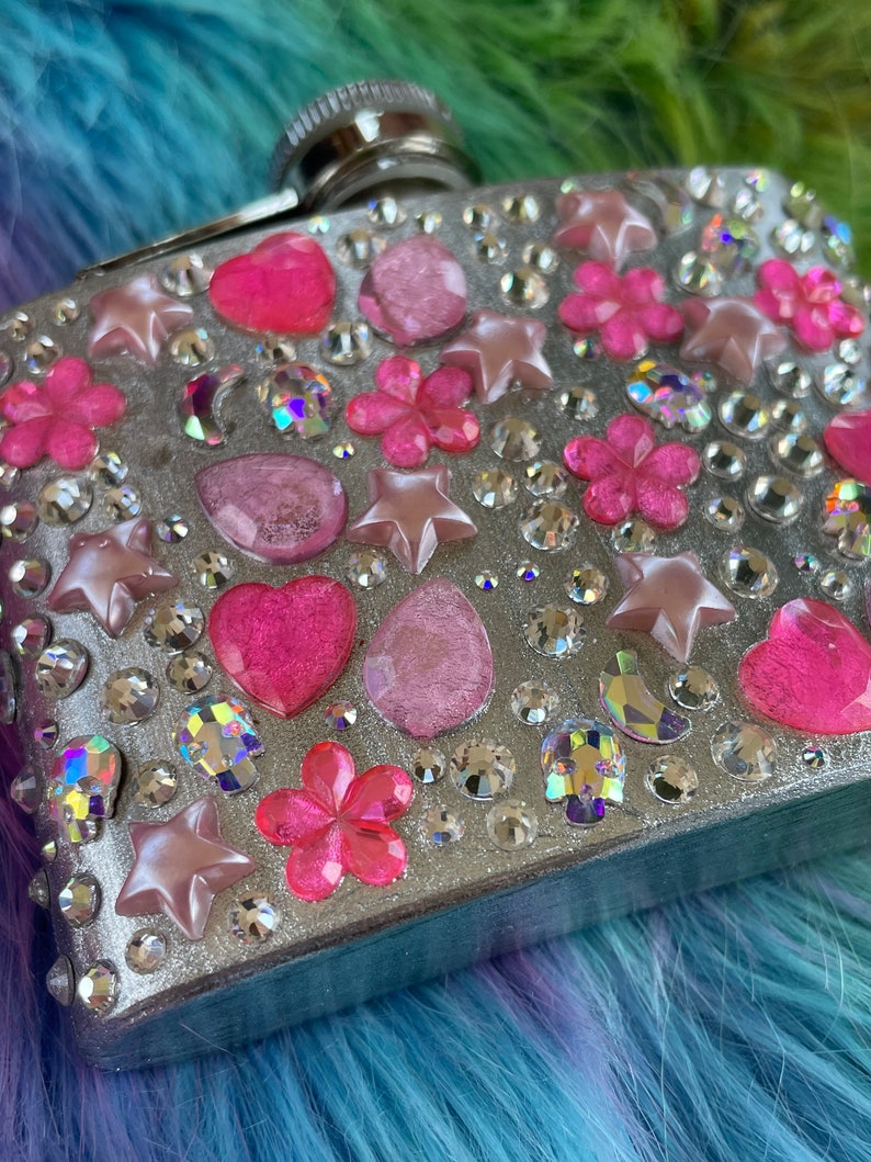 Silver and hot pink, pastel pink, silver, and aurora borealis rainbow femme flask Heart, moon, skull, flower rhinestone sparkly flask image 3