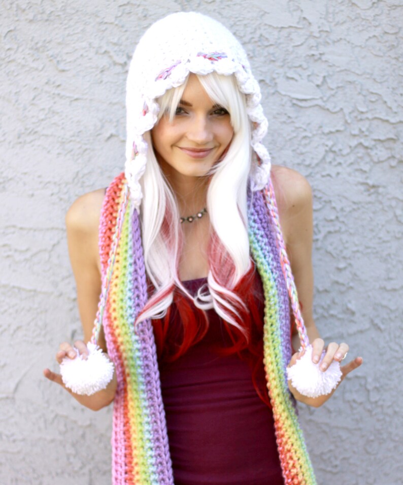 Pastel Magic Rainbow Prism Cloud Hooded Scoofie Scarf w/ Hood, Drawstrings, Tassels Happy Raincloud Pastel Goth Kawaii Costume image 2