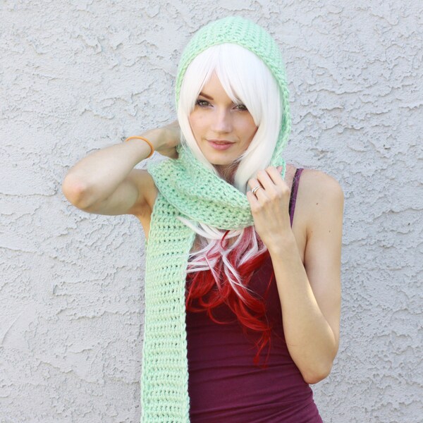 Mint Green Hooded Scarf - Pastel Aqua Green Scoofie w/ Pockets - Crocheted Vegan Friendly Acrylic Yarn, Cowl Hat, Super Soft