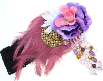 Flapper Headband - Pink & Purple Feathered Headband w/ Vintage Jewelry, Faux Flowers, and Beaded Fascinator