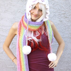 Pastel Magic Rainbow Prism Cloud Hooded Scoofie Scarf w/ Hood, Drawstrings, Tassels Happy Raincloud Pastel Goth Kawaii Costume image 4