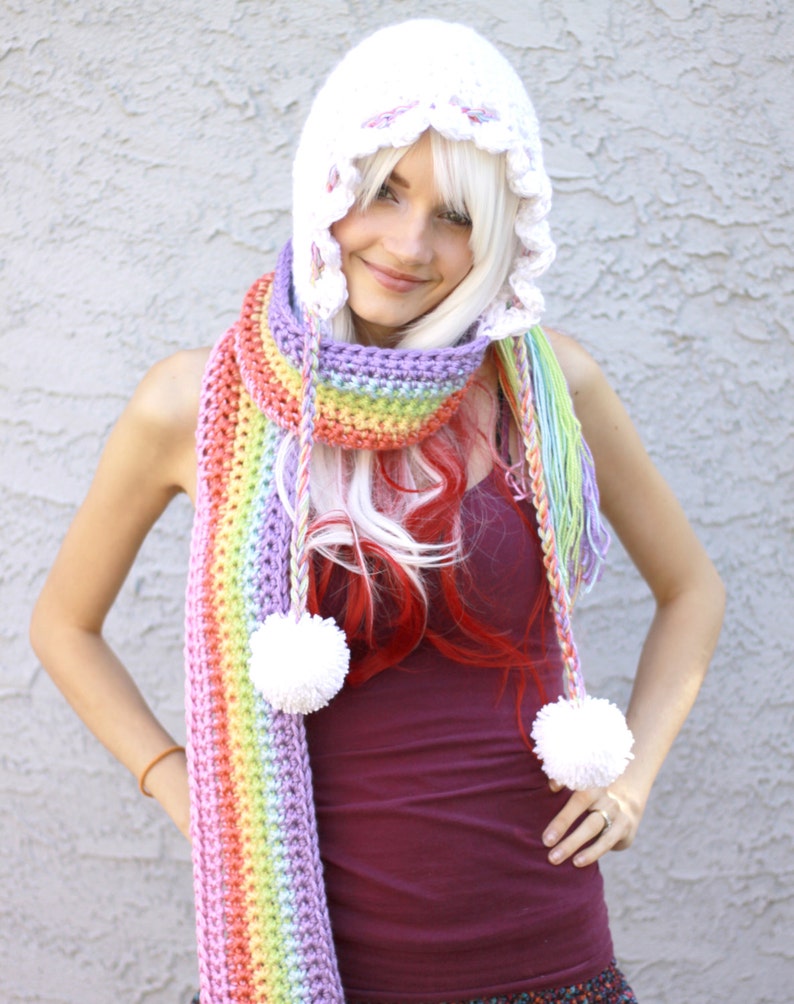 Pastel Magic Rainbow Prism Cloud Hooded Scoofie Scarf w/ Hood, Drawstrings, Tassels Happy Raincloud Pastel Goth Kawaii Costume image 4