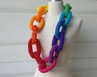 Rainbow Crocheted Chain Link Scarf - Handmade Chainlink Necklace Eternity Scarf - Magical Gradient Spectrum Colors - READY TO SHIP