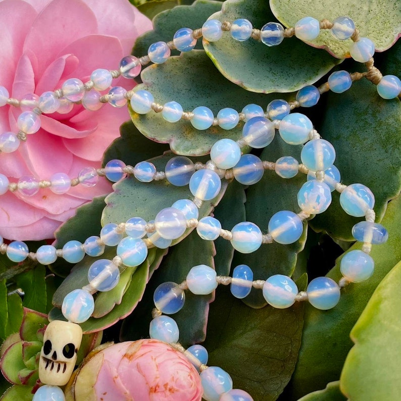 Opalite & Carved Bone Skull Beaded Necklace 30 Long One Of A Kind, Handmade, Long Boho Hippie Goth Fashion, Music Festival Jewelry image 7