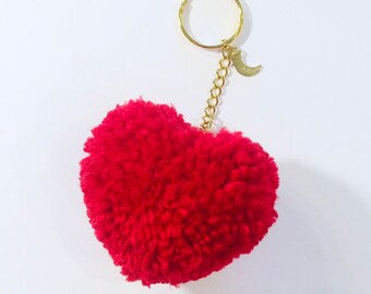 Bright red heart shaped pompom keychain - fluffy large handmade heart size w/ golden Pink Avenger moon charm