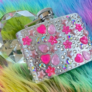 Silver and hot pink, pastel pink, silver, and aurora borealis rainbow femme flask Heart, moon, skull, flower rhinestone sparkly flask image 1