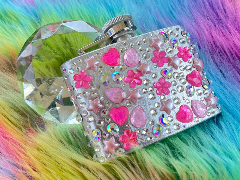 Silver and hot pink, pastel pink, silver, and aurora borealis rainbow femme flask Heart, moon, skull, flower rhinestone sparkly flask image 1