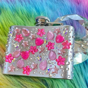 Silver and hot pink, pastel pink, silver, and aurora borealis rainbow femme flask Heart, moon, skull, flower rhinestone sparkly flask image 2