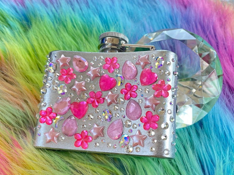 Silver and hot pink, pastel pink, silver, and aurora borealis rainbow femme flask Heart, moon, skull, flower rhinestone sparkly flask image 2