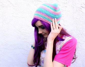 Pastel Rainbow Kitty Ear Beanie - Ombre Fade Crocheted Cat Hat, Vegan Friendly Wool-Like Acrylic Yarn