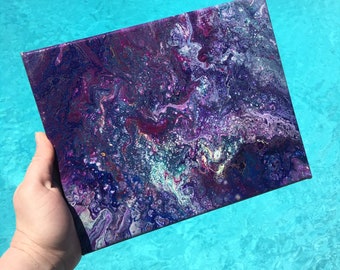 Purple Marbled Abstract Acrylic Painting - Purple, Blue, White & Black Fluid Artwork - 8" x 10" Wrapped Canvas, Ready To Hang One Of A Kind