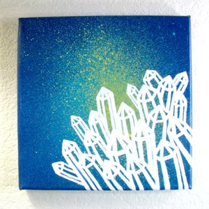 Blue & Green Splatter Painting w/ White Crystals Original, One Of A Kind, Acrylic Art 8 x 8 Inches image 5