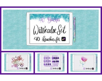 May include: A digital tablet screen displaying a set of 40 watercolor brushes for Procreate. The text "JC Brushes Watercolor Set 40 brushes for" is visible on the screen. The tablet is on a blue background with a stylus next to it. Three other tablet screens are shown below, displaying examples of the brushes in use.