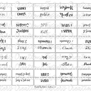 May include: Black and white printable chart with the names of the books of the Bible in a handwritten font. The chart is divided into 6 columns and 6 rows. The books of the Bible are listed in order from Genesis to Lamentations.