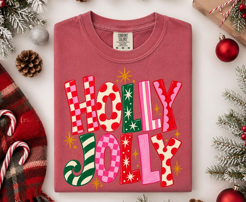 May include: A dusty rose crewneck t-shirt with the text HOLLY JOLLY printed in large, multi-colored, patterned letters. The letters feature red and pink checkerboard, red polka dots, green stripes, and solid pink designs with small yellow stars.