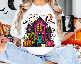 Colorful Haunted House Halloween Shirt, Pink Ghosts, Black Cat, Pumpkins (T-Shirt/Sweatshirt)