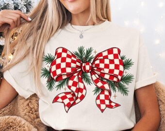 Christmas Bow Tee, Red Checkerboard Bow, Pine Branches, Stars Sweatshirt