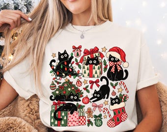 Vintage Black Cat Christmas Collage Sweatshirt, Festive Holiday Tee