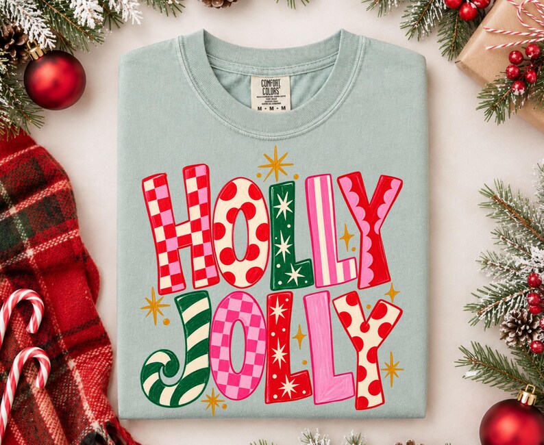 May include: A light blue crewneck t-shirt featuring the text HOLLY JOLLY in large, multi-colored letters with various patterns including red and pink checkers, red polka dots, and green stripes, accented by small yellow starburst shapes.