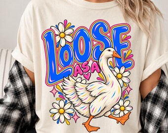 Funny Goose T-Shirt, Retro Floral Graphic Tee, Relaxed Fit Cotton Shirt