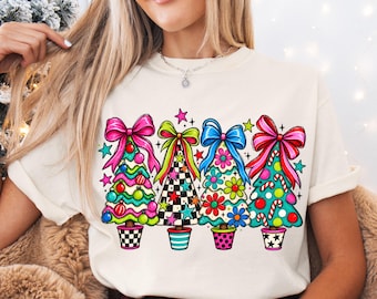 Whimsical Colorful Christmas Tree Shirt, Retro Holiday Bow Sweatshirt