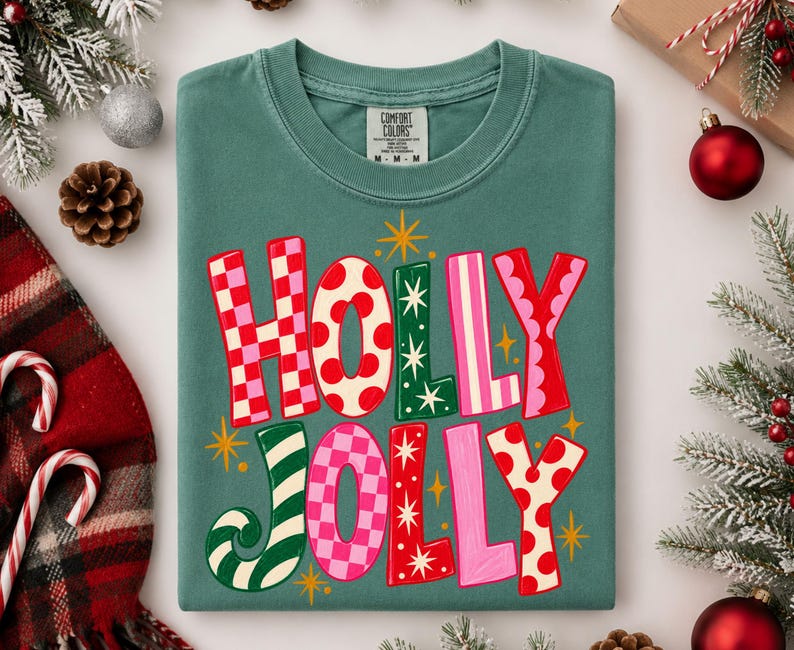 May include: A sage green t-shirt featuring the text HOLLY JOLLY in large, multi-colored, patterned letters. The letters include red and white checkerboard, red polka dots, green with white stars, and pink stripes. Small yellow star accents surround the text.
