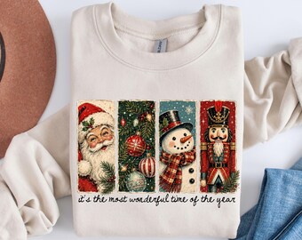 Vintage Christmas Sweatshirt, Retro Santa Snowman Nutcracker Design, Holiday Art
