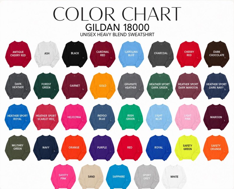 May include: A Gildan 18000 unisex heavy blend sweatshirt color chart featuring rows of small sweatshirt icons in various colors, each labeled with its specific color name, including Antique Cherry Red, Ash, Black, Cardinal Red, and many others.