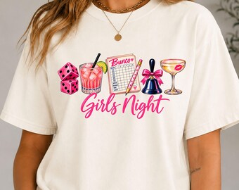 Bunco Girls Night Shirt, Pink Dice, Cocktail, Scorecard, Game Bell Sweatshirt
