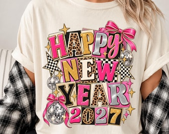 Happy New Year 2027 Shirt, Disco Ball Leopard Tee, Maximalist NYE Sweatshirt
