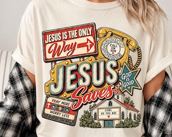 Retro Christian Graphic Tee, Jesus Saves Faith Shirt, Vintage Style Cotton T-Shirt
