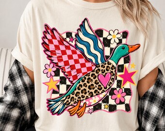 Maximalist Mallard Duck Graphic Tee, Colorful Animal Print, Funky Checkerboard Sweatshirt