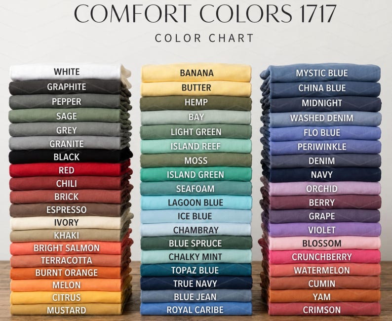 May include: A color chart for Comfort Colors 1717 t-shirts, featuring three vertical stacks of folded fabric in various shades. Each stack includes labels for colors like White, Graphite, Banana, Butter, Mystic Blue, and China Blue, organized by hue.