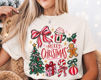 Girly Christmas Graphic Tee, Hand-Drawn Holiday Collage, Festive Mug, Gingerbread Man