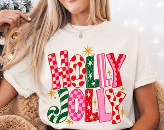 Holly Jolly Retro Christmas Tee, Colorful Preppy Holiday Sweatshirt