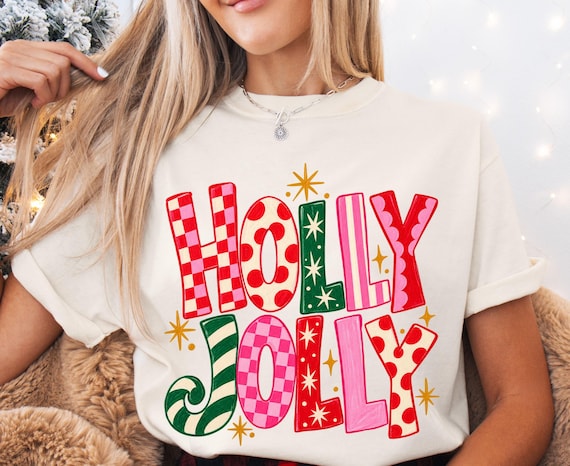 Holly Jolly Retro Christmas Tee, Colorful Preppy Holiday Sweatshirt