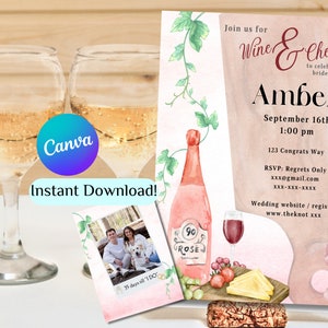 Wine and Cheese Bridal Shower Invite Template, Wine & Cheese Invite,  Charcuterie Shower, with optional photo for reverse side